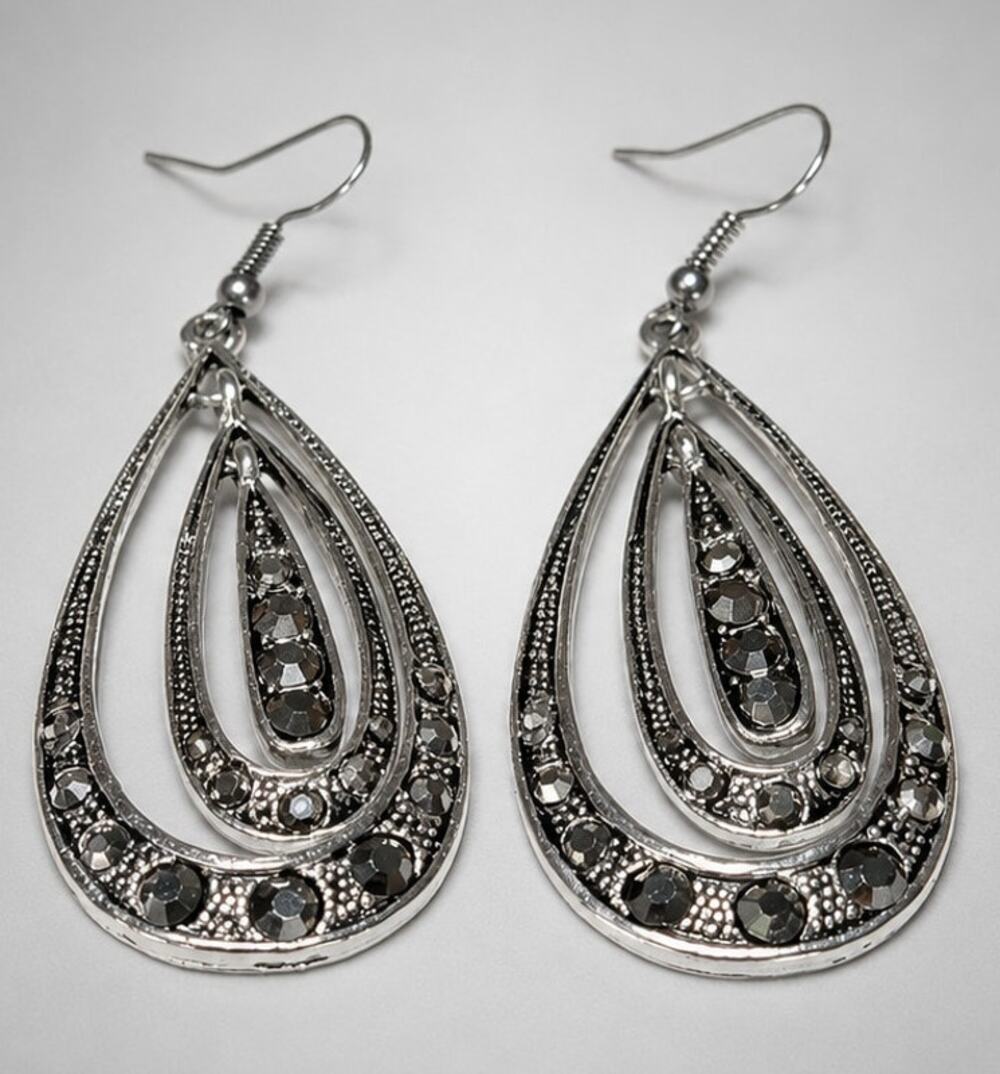 2.25" Long Dangle Pierced Earrings‎ Black Rhinestone Silver-tonr Modern bk-90